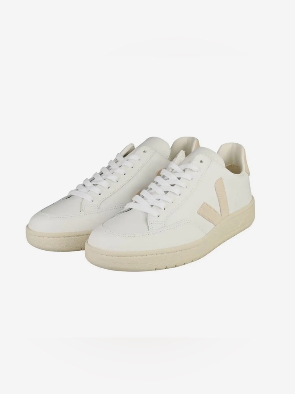 Veja V-12 Low-Top Leather Sneakers in White and Beige